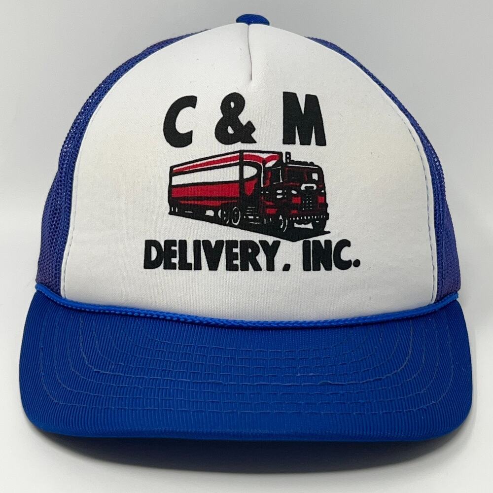 Vintage 80s C&M Delivery Trucker Hat Baseball Cap Trucking Mesh Snapback Blue